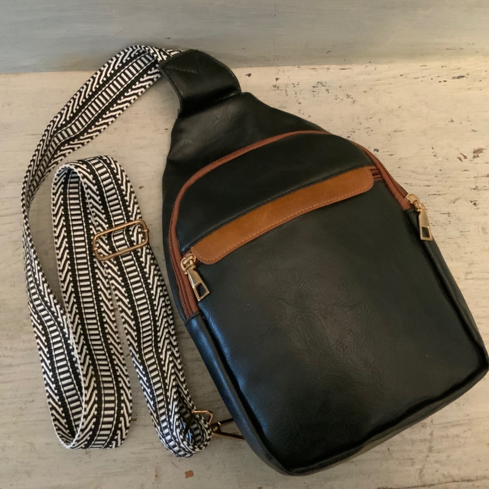 Black/Brown Faux Leather Compact Crossbody Backpack Sling Bag Purse Like New
